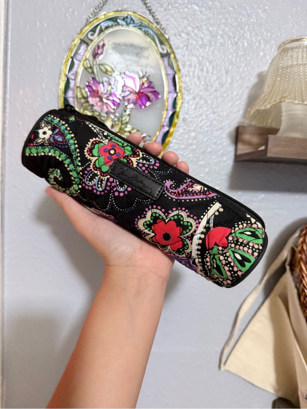 Vera Bradley Black Floral Paisley Pencil/Cosmetic Pouch with Red & Green Accents